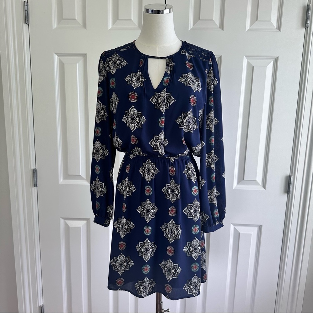 Express Floral Lace Cutout Mini Dress Bishop Sleeve Elastic Waist Navy Blue M